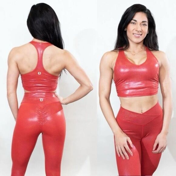 ACBikinis NWT Metallic Racerback Cropped Tank Sports Bra in Red Size Medium - Picture 10 of 10